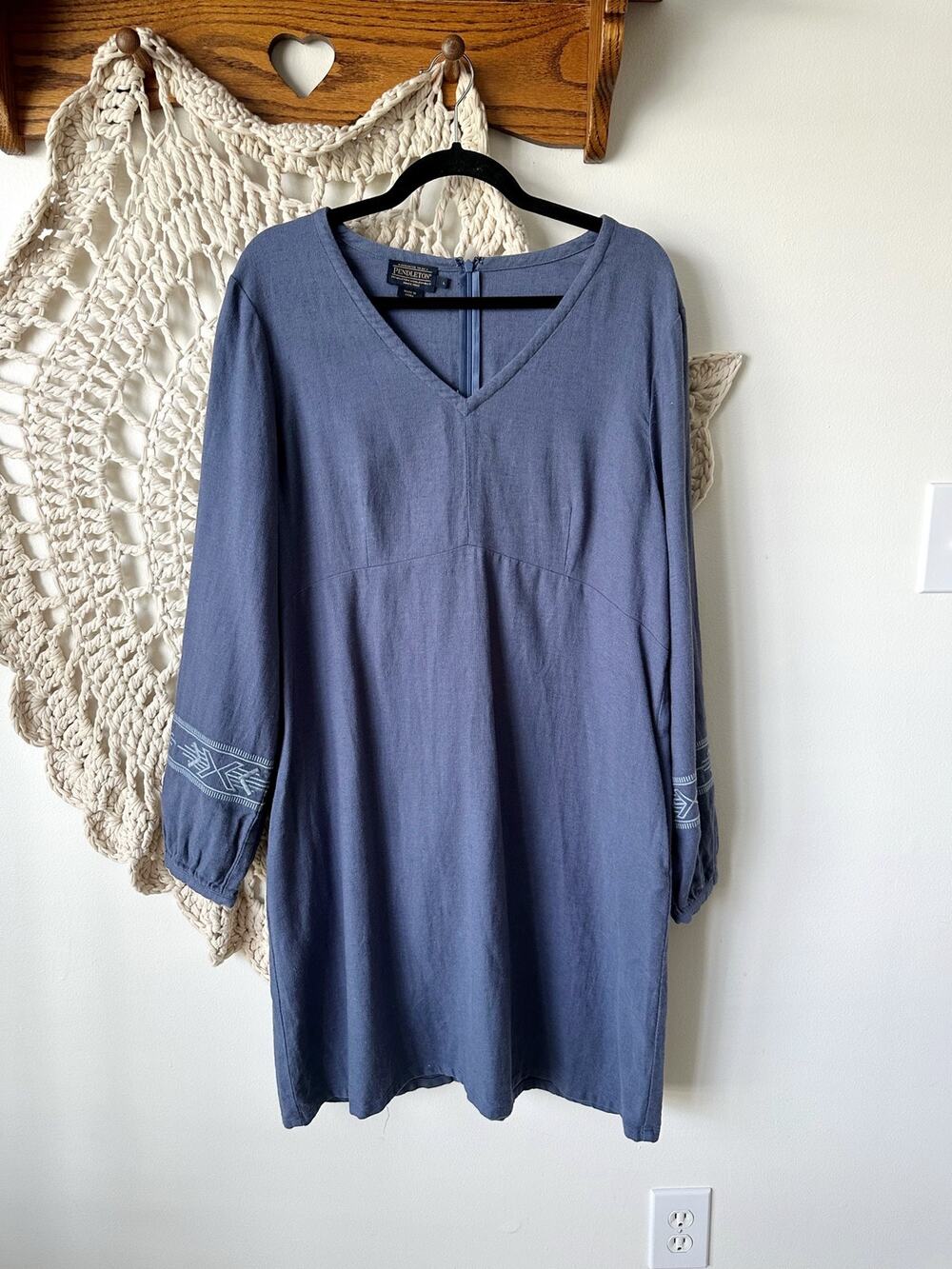 Pendleton Blue Embroidered Western Linen Blend Shift Dress Size Large